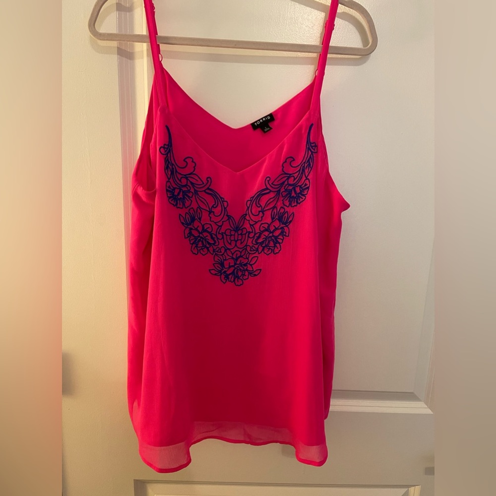 Torrid bright pink with blue embroidery, flowy tank top. Size 1 (14/16)